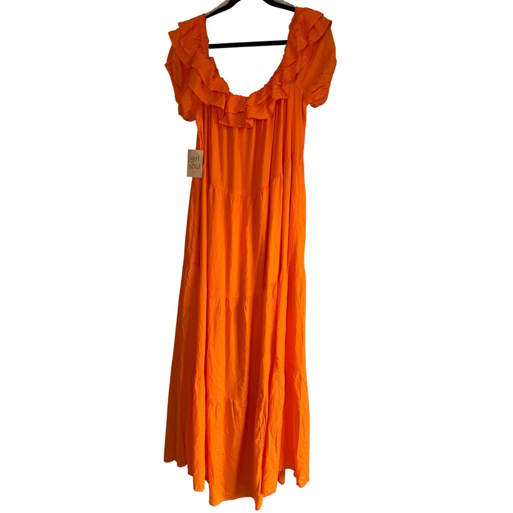 Forever 21 Girl Soul Orange Ruffle Off Shoulder Tiered Maxi Dress Plus 2X NWT - Picture 2 of 8